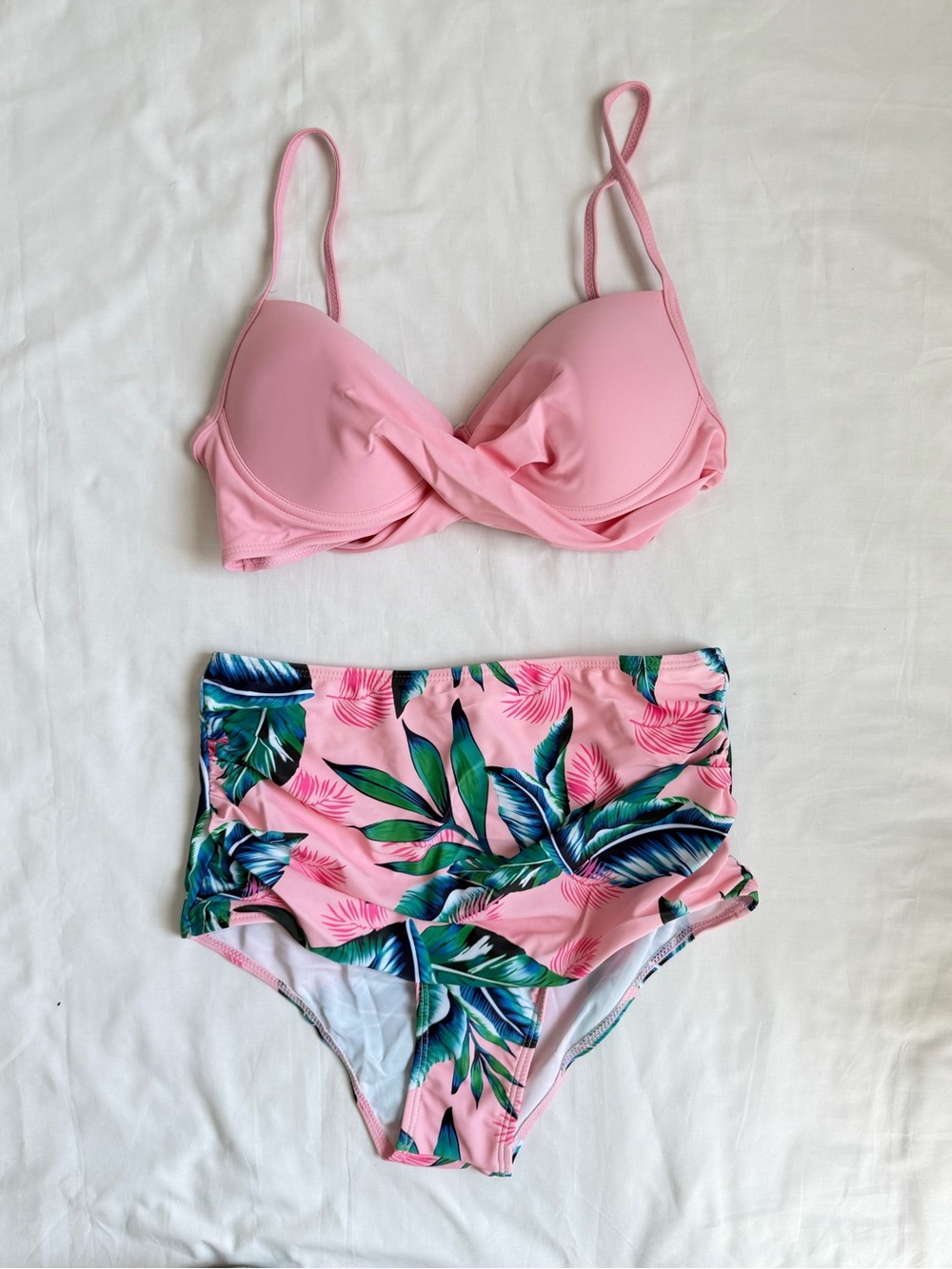 Women’s Pink Twist Bikini Top with Tropical High-Waist Bottom